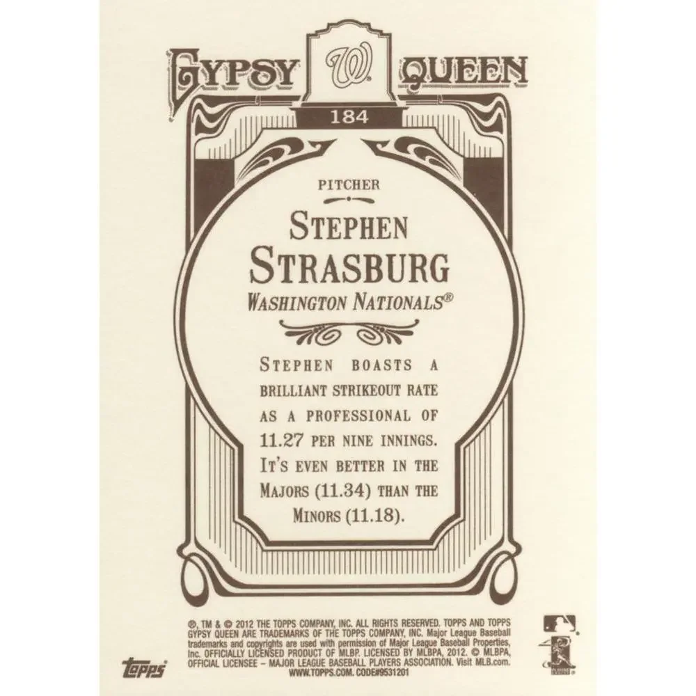 2012 Topps Gypsy Queen Stephen Strasburg # 184a Washington Nationals